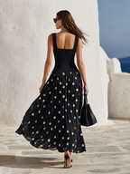 Coastal Chic Polka-Dot Sleeveless Knit And Chiffon Black Maxi Dress
