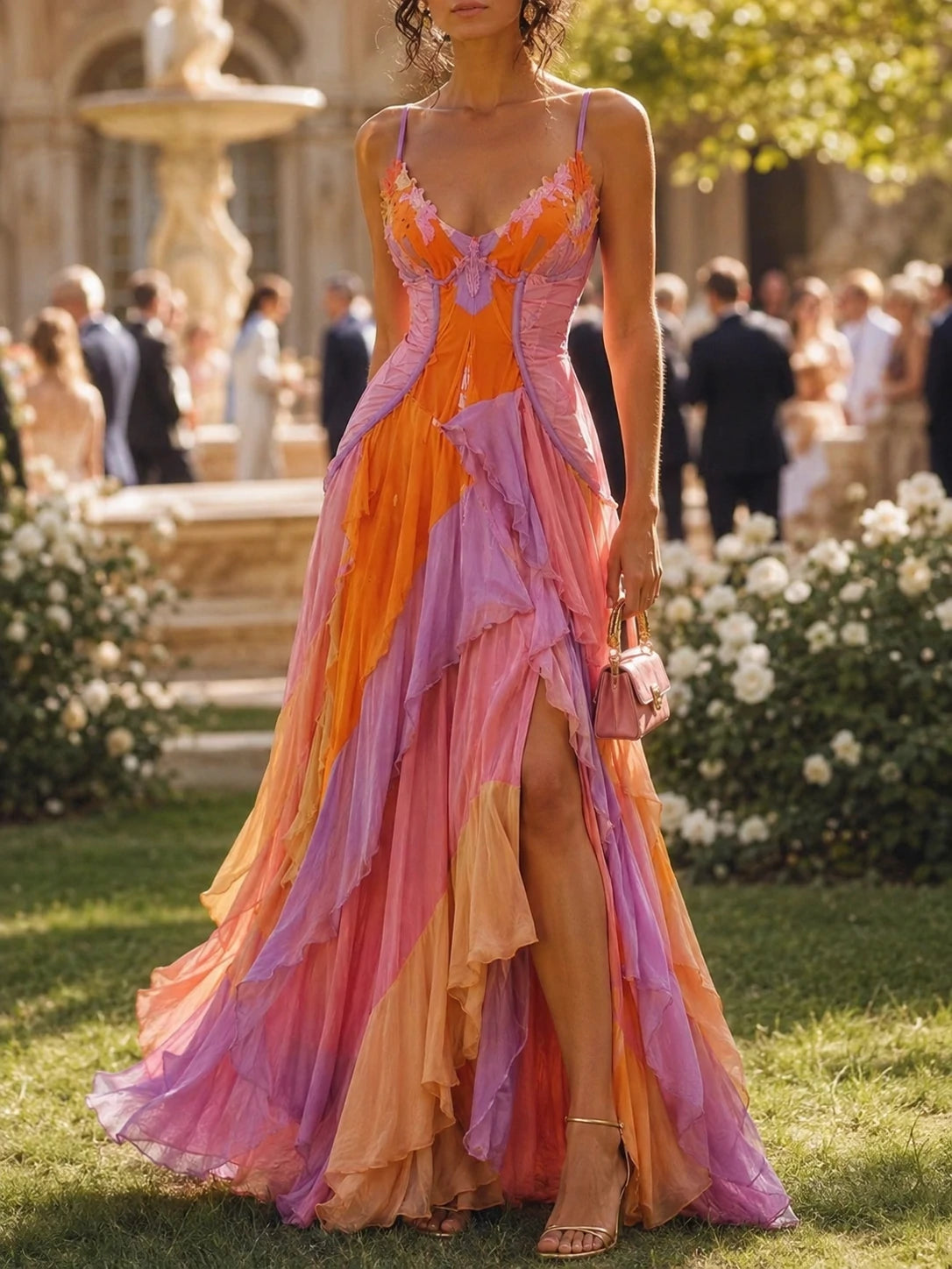 Color Block Ruffle Chiffon Slit Maxi Dress
