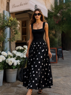 Coastal Chic Polka-Dot Sleeveless Knit And Chiffon Black Maxi Dress