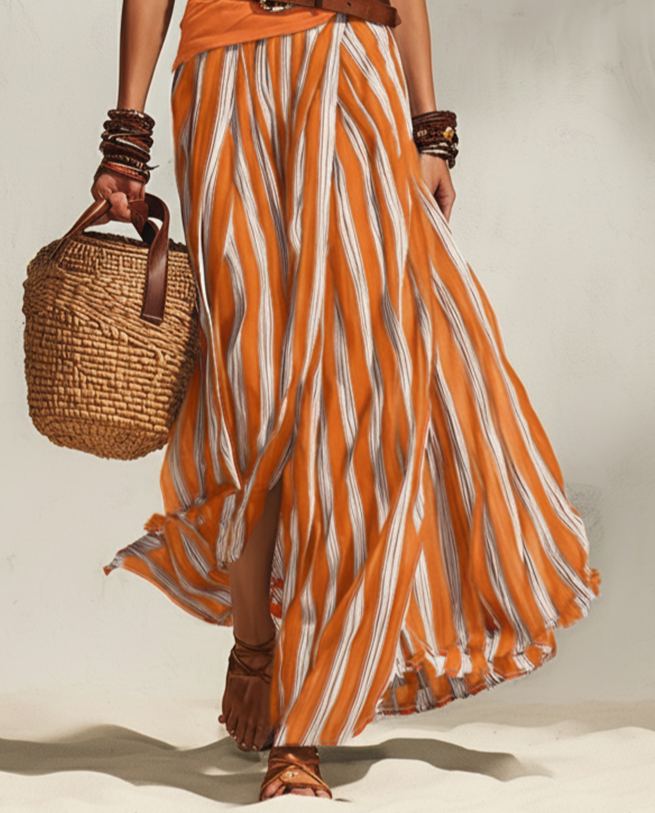 Nautical Vacation Style Navy Blue And White Striped Chiffon Slit Skirt