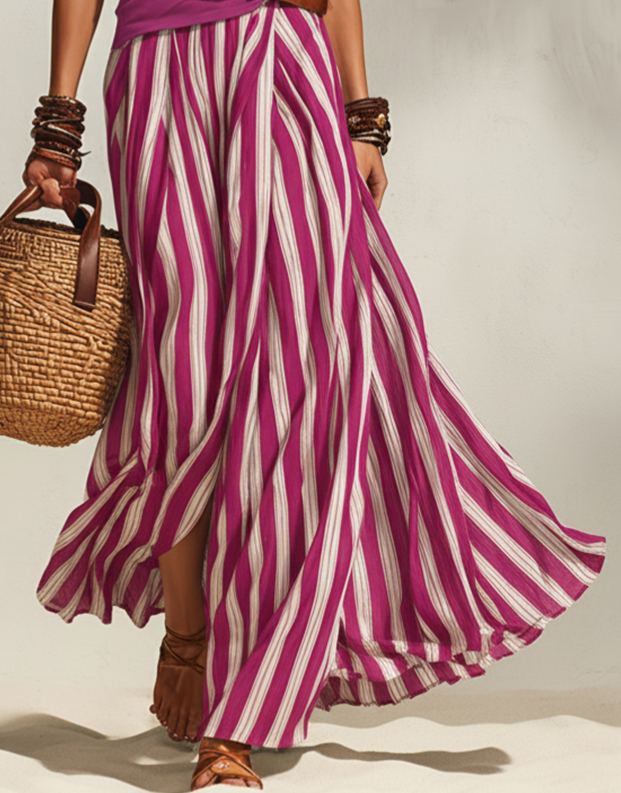 Nautical Vacation Style Navy Blue And White Striped Chiffon Slit Skirt