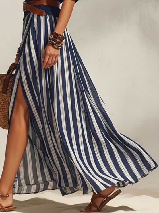Nautical Vacation Style Navy Blue And White Striped Chiffon Slit Skirt