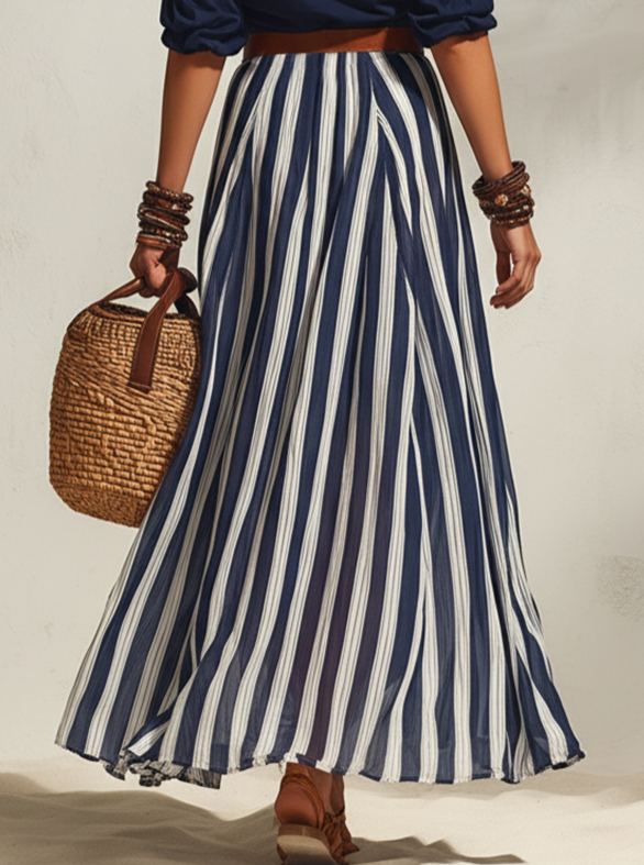 Nautical Vacation Style Navy Blue And White Striped Chiffon Slit Skirt