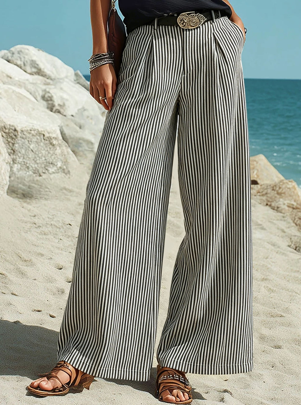 Casual vacation black and white striped wide-leg pants