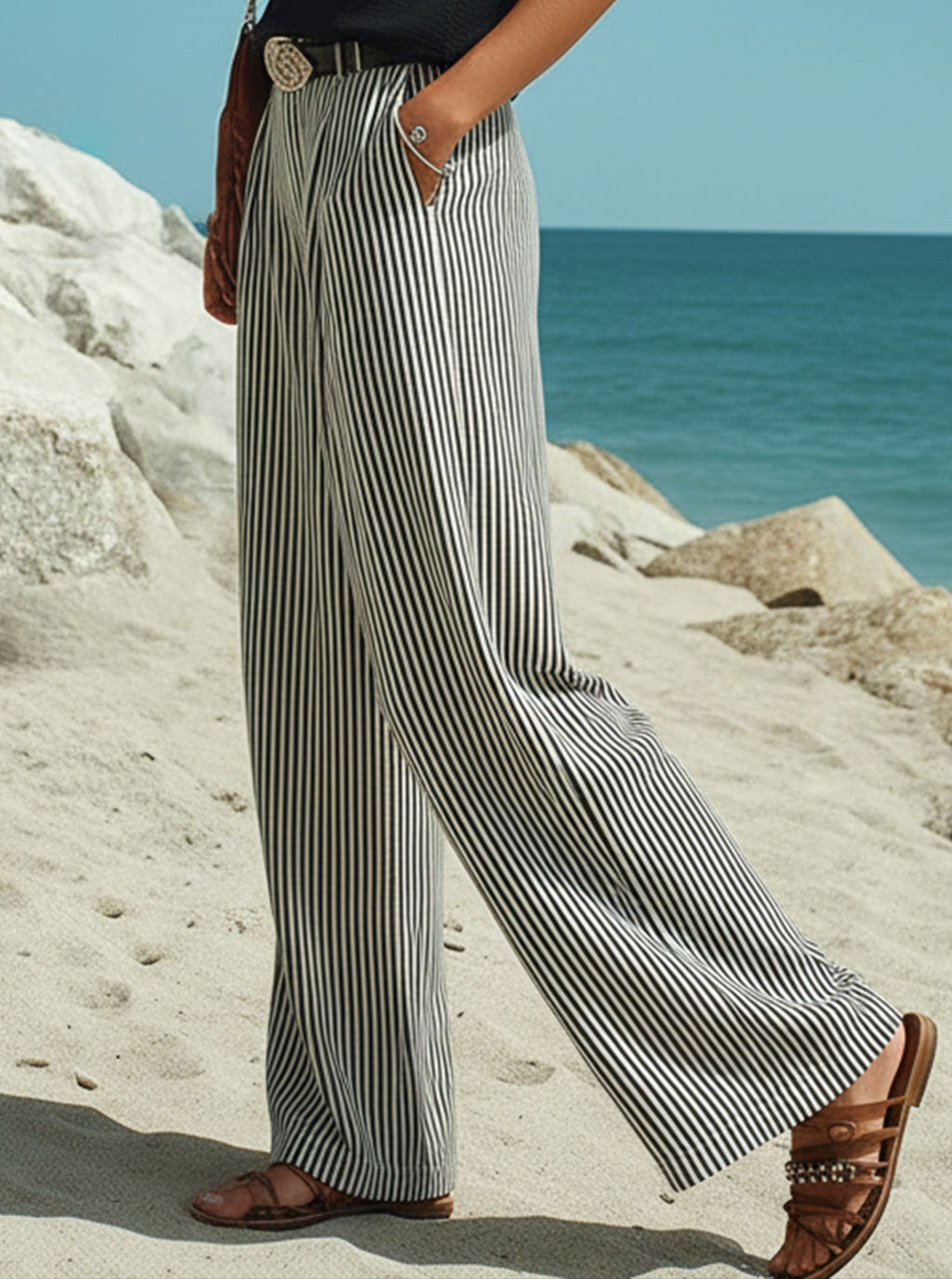Casual vacation black and white striped wide-leg pants
