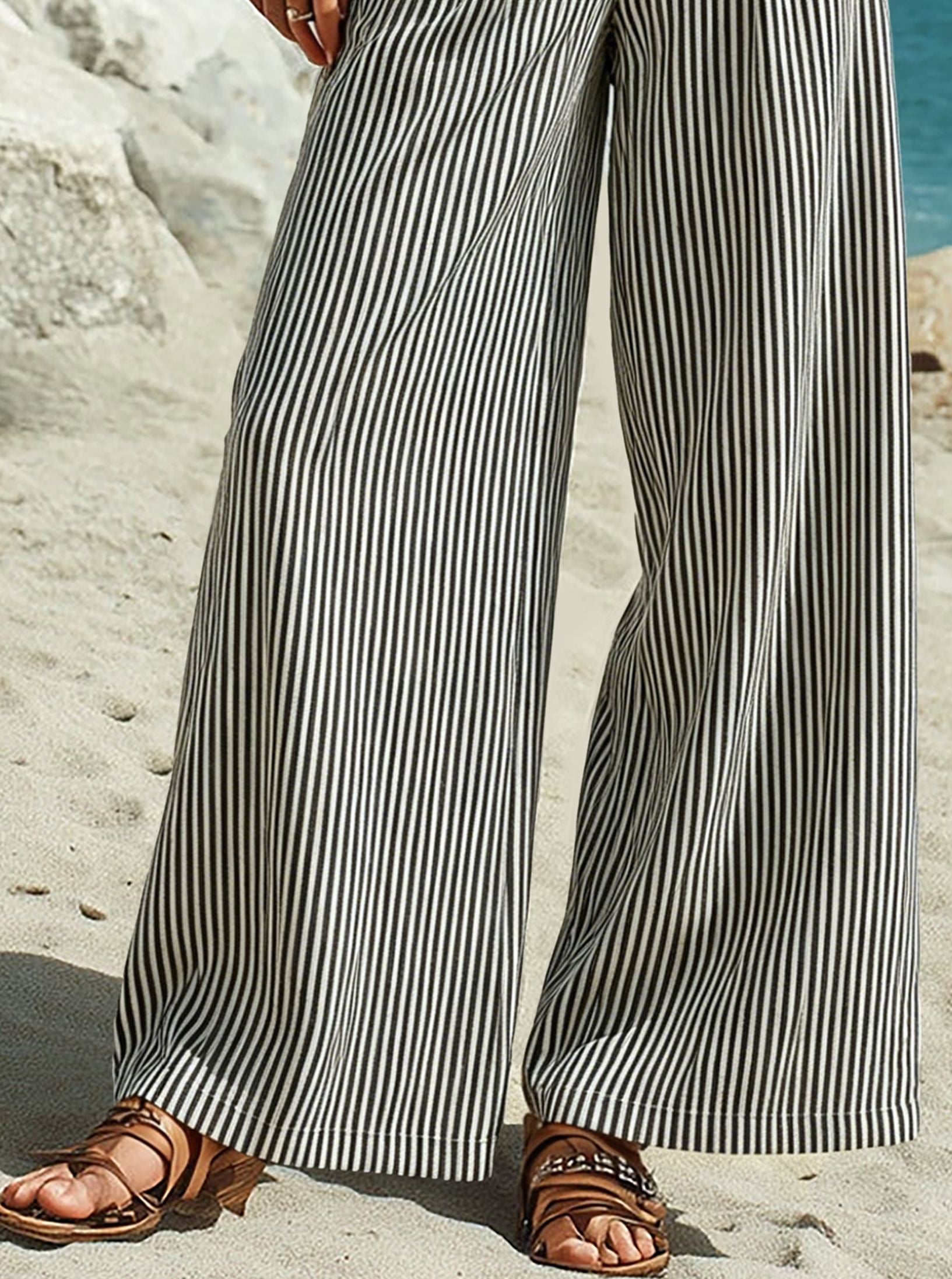 Casual vacation black and white striped wide-leg pants