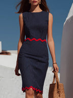 Nautical Resort Navy Pinstripe Linen Red Wavy Trim Midi Sheath Dress