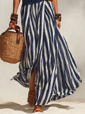 Nautical Vacation Style Navy Blue And White Striped Chiffon Slit Skirt